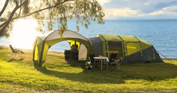 The Zempire Aerobase 3 Pro Shelter with 1 Wall connected to the tent.