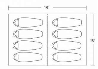 The floor plan and dimensions - enough space for 8 people.