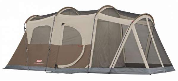 The Coleman Weathermaster 6 screened tent - side view without the fly, showing the roof loops.