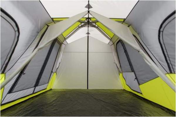 The view along the tent interior, with the dividers rolled to the sides.