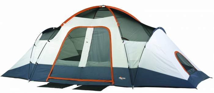 The tent shown without the fly, so the main roof poles in sleeves are visible and the mesh ceiling. 