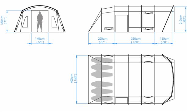 All the dimensions of the Crua Loj 6 tent.