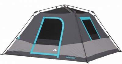 The tent is shown without the fly so the frame is visible. It is pre-attached to the tent.