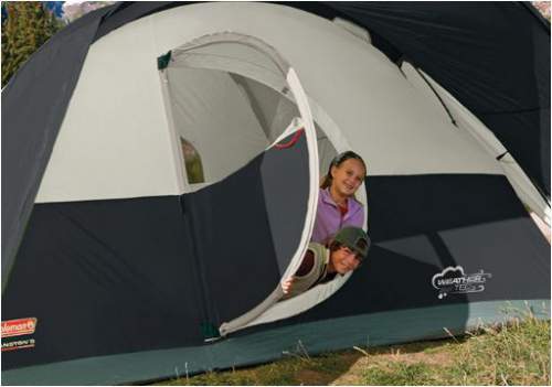 The hinged D-shaped door on the Coleman Montana 8 tent, even a handle is available here.