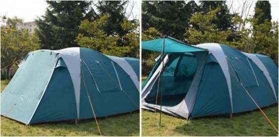 The full coverage fly is designed to create an awning, poles are included.