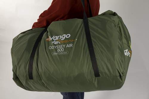 The tent is portable in its oversized bag.