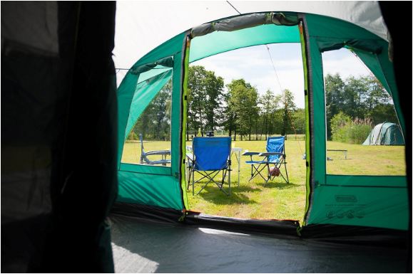 View through the entry door and front windows from the sleeping area.