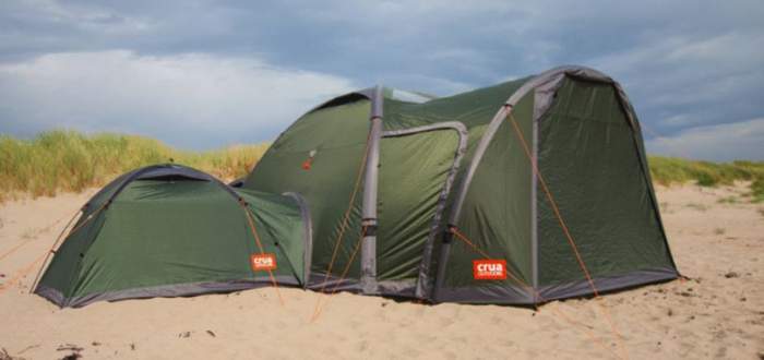 This is the Crua Core 6 tent with its enormous porch, and one Crua Duo tent is attached on the left side.