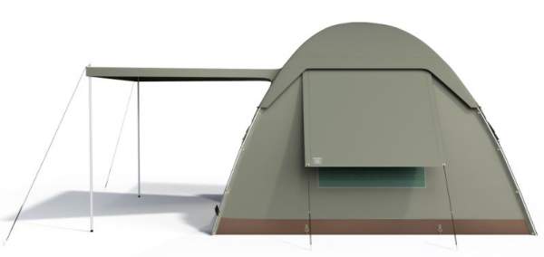 Side view showing the partial coverage fly which extends to the awning. Note the side window (one of the two).