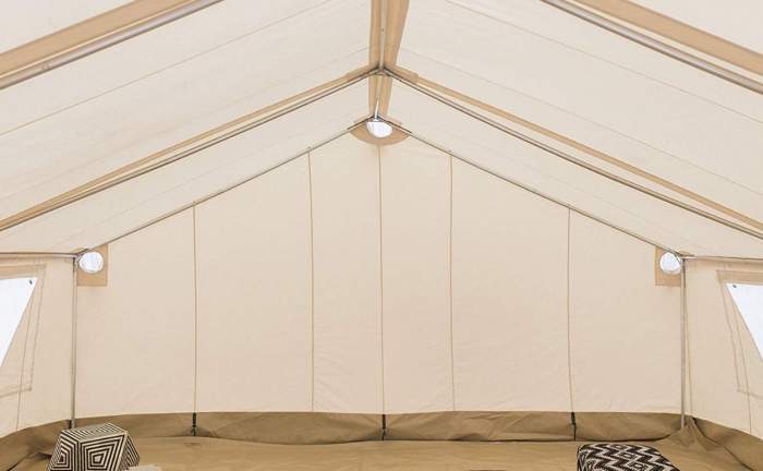 View inside, the back part of the tent with visible poles and two windows.