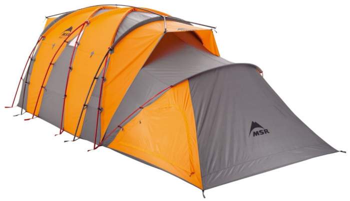 The accessory gear shed can be zipped up to the tent.