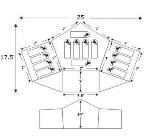 The floor plan and the main dimensions.