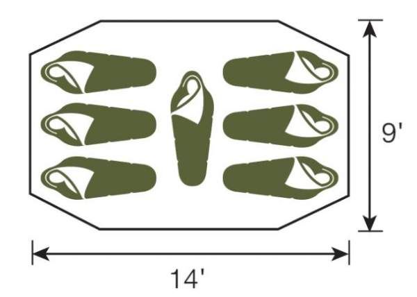 The main dimensions and suggested way of using the floor for sleeping.