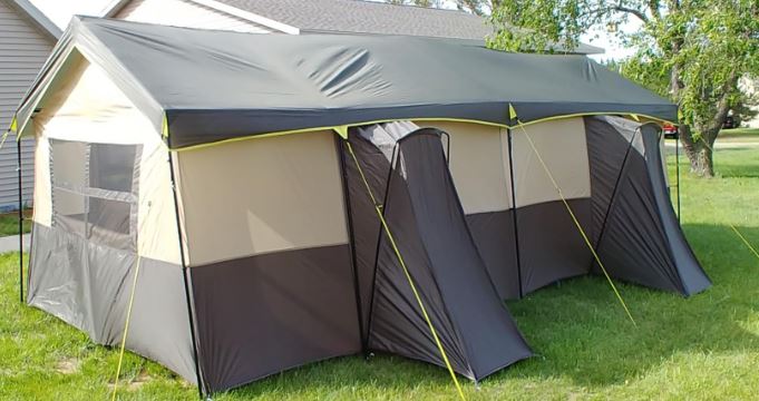 Ozark Trail Hazel Creek 12 Person Cabin Tent, back view with two cabinets.