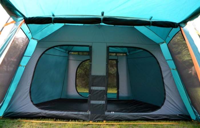 View inside, the inner tent with its two inner front doors and one back door.