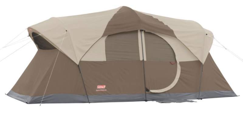 Coleman WeatherMaster 10 tent with the fly on - the hinged door side.