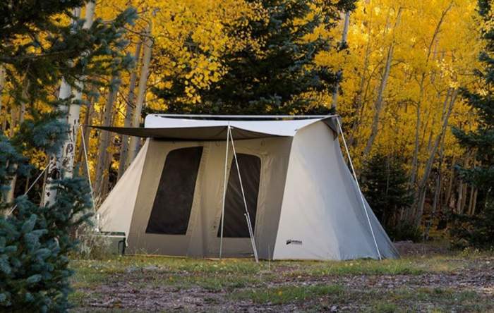 Kodiak Canvas Deluxe 8 Person Tent 6014 with awning setup.