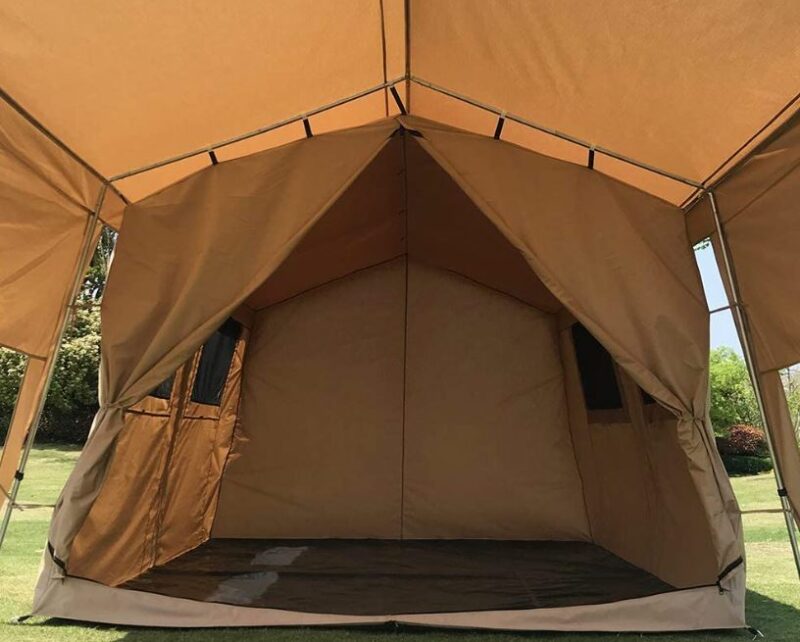 The tent hanging from the frame.
