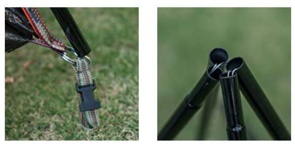 Pin-and-ring attachment system and shock-corded poles.