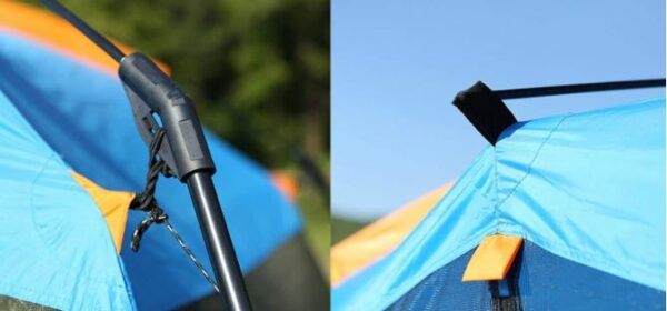 One of pre-attached pole connectors left, and the ridge roof pole attachment pocket right.