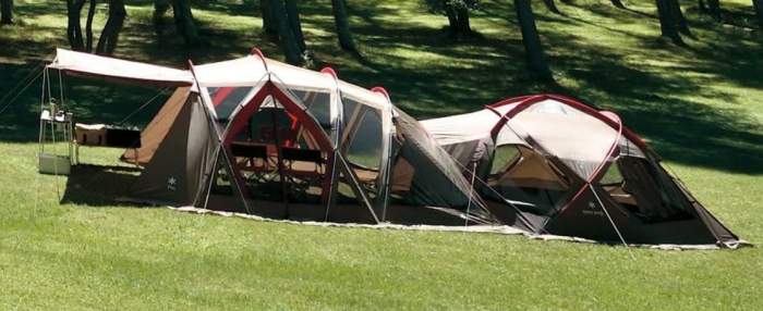 Snow Peak Living Shell Long Pro attached to Snow Peak Dock Dome Pro. 6 tent.