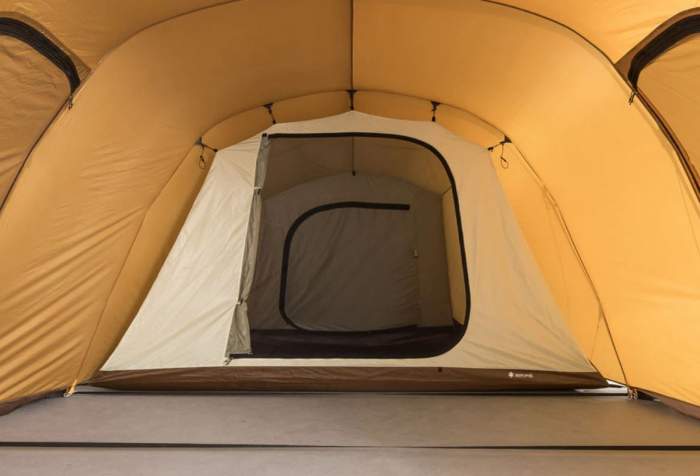 View inside, and the inner tent with its doors.