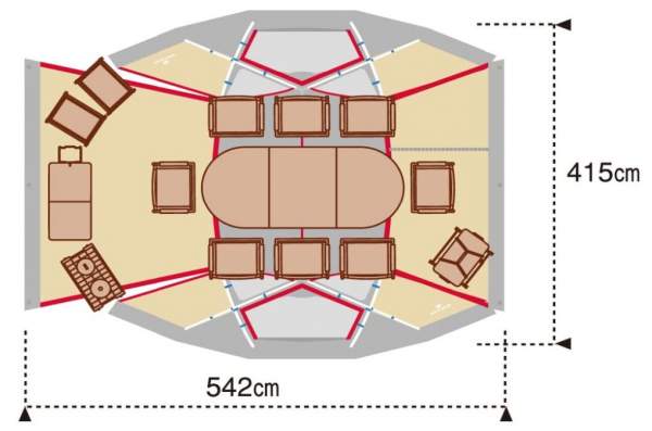 Floor plan and furniture when an awning is in place on the left side.