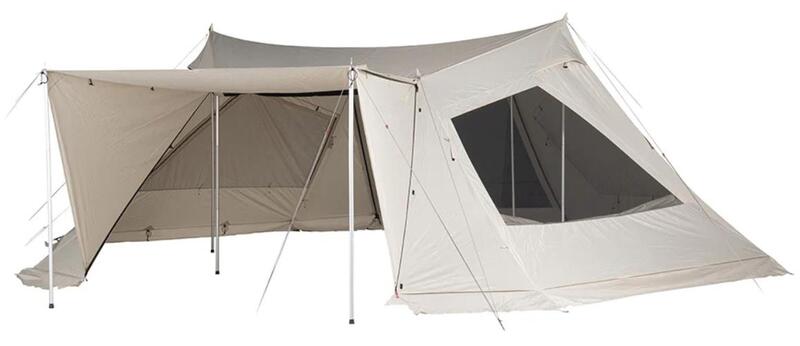65th Anniversary Snow Peak Land Base 6 Pro Tent view with awning.