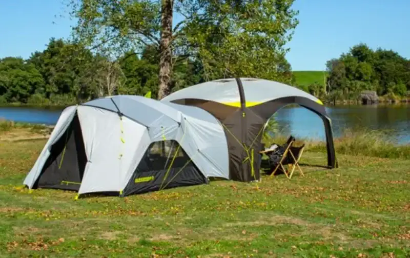 The tent connected to Speedbase 2 Air Shelter.